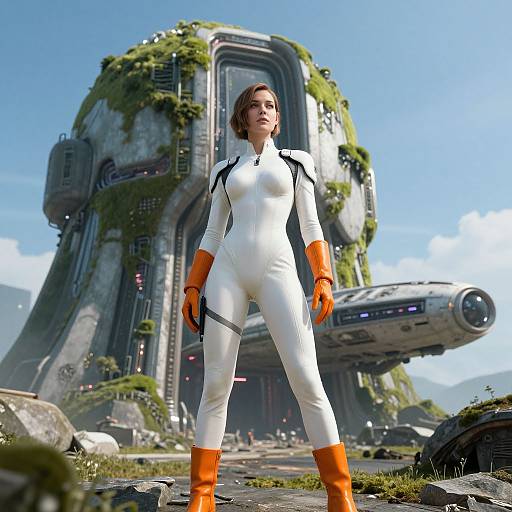 CGI image of a confident woman in a white and orange futuristic bodysuit standing in front of a moss-covered, sci-fi structure on a rocky