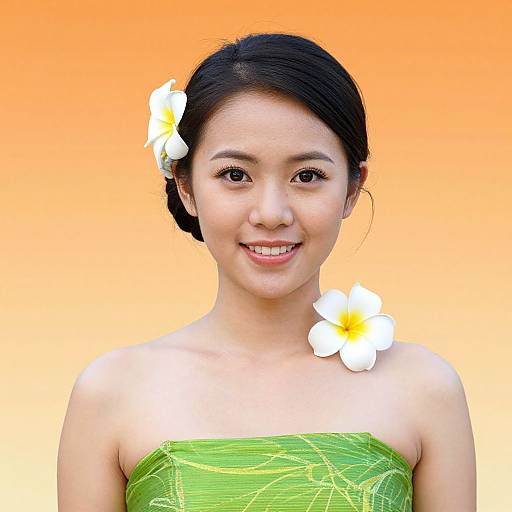 Photograph of a smiling Asian woman with black hair, wearing a green strapless dress, adorned with white plumeria flowers, against an orange gradient