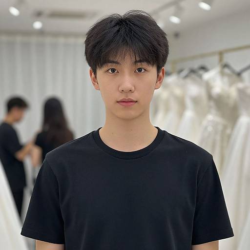 Photograph of an Asian man with short black hair, wearing a plain black shirt, standing in a brightly lit, white-walled room with blurred figures