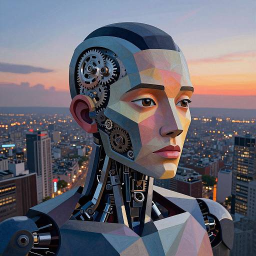 CGI image of a geometric, robotic human head with exposed gears, set against a sunset city skyline, featuring colorful polygonal textures and futuristic design.