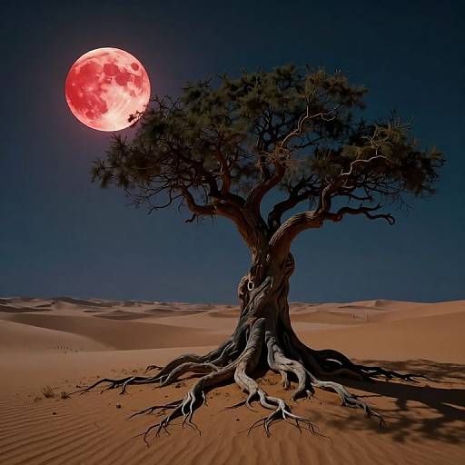 Surreal Desert Tree Under Blood Moon