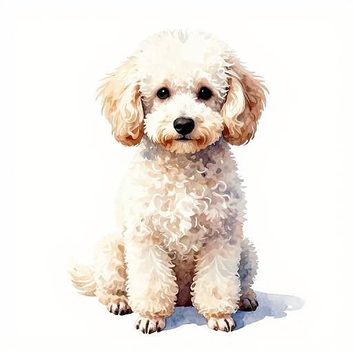 Digital painting of a fluffy, cream-colored, curly-haired puppy with dark eyes, sitting against a plain white background. The puppy's ears are slightly dro