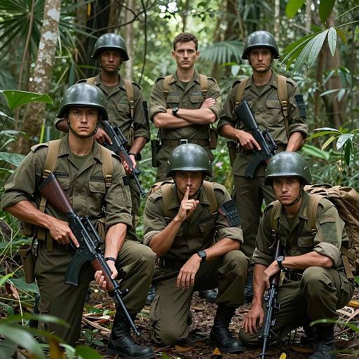 Six Soldiers in a Dense Jungle Scene