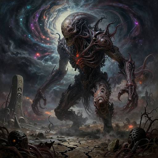Digital artwork of a monstrous, tentacled creature with glowing eyes and dark, swirling cosmic backdrop, standing in a devastated, ruins-strewn landscape