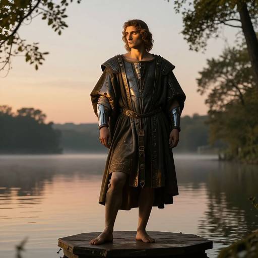 Medieval warrior statue in dark armor stands barefoot on wooden platform at sunset, serene lake and trees in background. Photorealistic CGI.