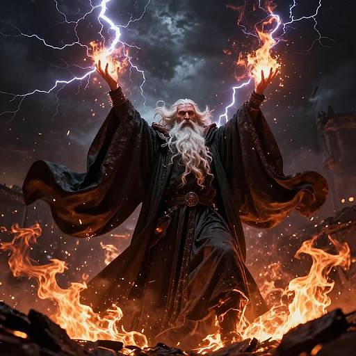 Digital artwork of a white-bearded wizard with long hair, black robe, standing in fiery flames, holding lightning bolts in both hands, dark stormy