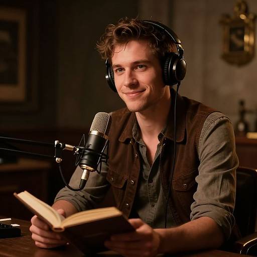 Photograph of a smiling man with short, messy brown hair, wearing a brown vest over a gray shirt, holding an open book, and wearing large