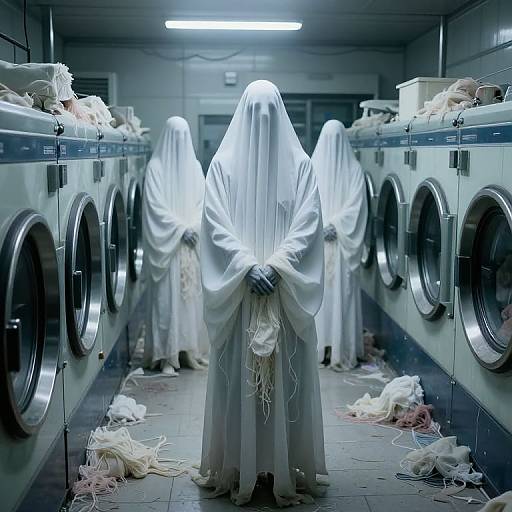 Photograph of four ghostly figures in white sheets standing in a dimly lit laundry room with washing machines, surrounded by scattered clothes.