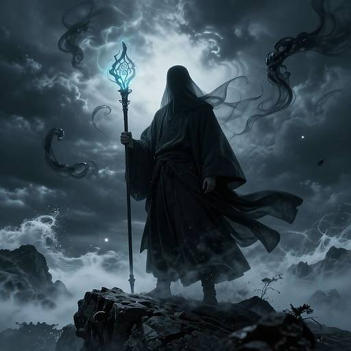 Silhouetted robed figure with glowing staff stands on rocky peak under stormy, moonlit sky; dark clouds swirl around. Digital fantasy artwork