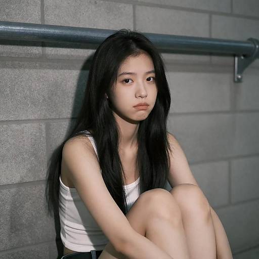 Contemplative Asian Woman in Industrial Setting