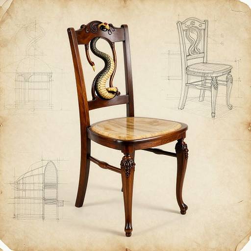Photograph of a wooden chair with a carved snake head on the backrest, set against a vintage, sketch-filled beige background.