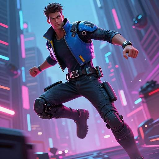 Digital CGI of a muscular, dark-haired man in a blue jacket, black pants, and boots, running through a neon-lit, futuristic city street