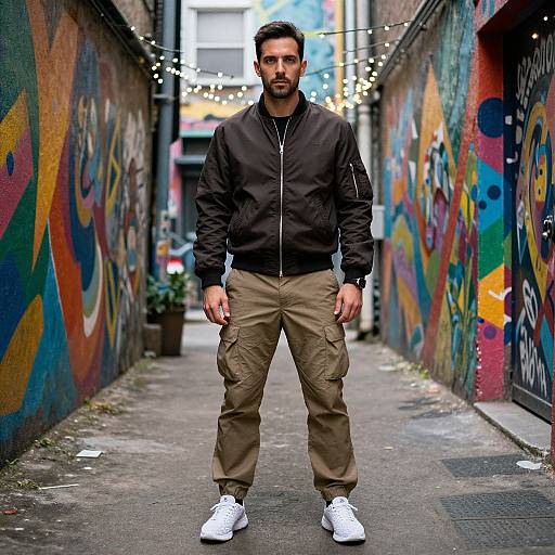 Photograph of a bearded man with short dark hair, wearing a black jacket, beige cargo pants, and white sneakers, standing in a colorful graffiti