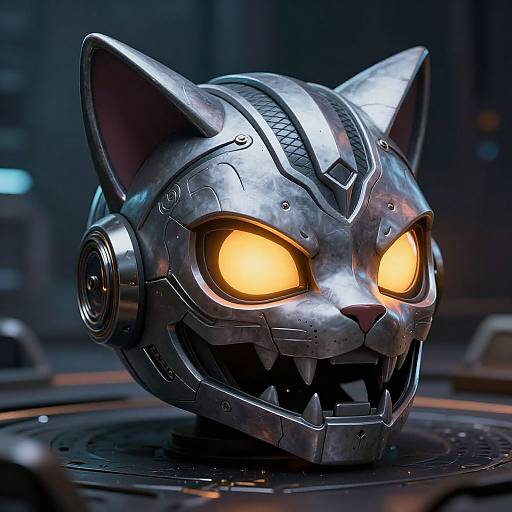 Digital CGI image of a metallic, robotic cat head with glowing orange eyes and sharp teeth, set against a dark, futuristic background.
