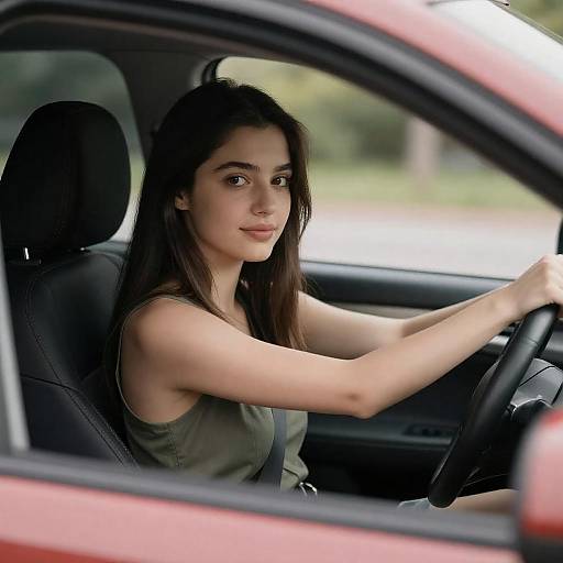 Young Woman Driving Red Car