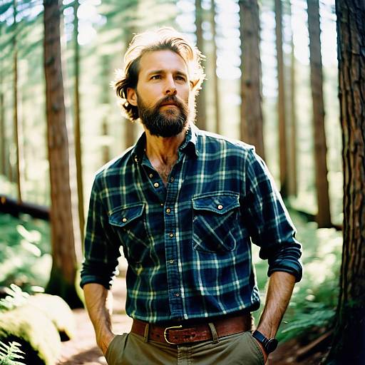 Man in Plaid Shirt Walking in Sunlit Forest