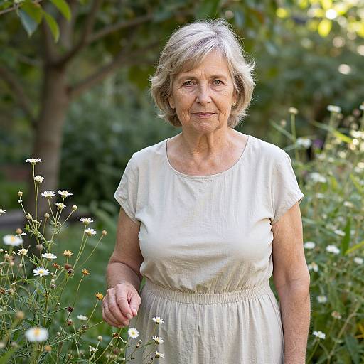 Photograph of an elderly woman with short gray hair, wearing a white dress, standing in a sunlit garden with daisies and green foliage in