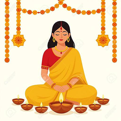 Digital illustration of a serene Indian woman in yellow sari, red blouse, sitting cross-legged, meditating with candles, surrounded by marigold gar