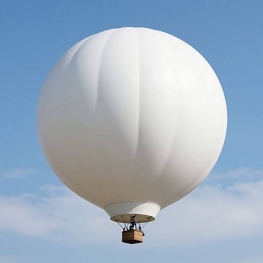 Photograph of a large, white hot air balloon with a brown wicker basket, flying against a bright blue sky with scattered clouds.