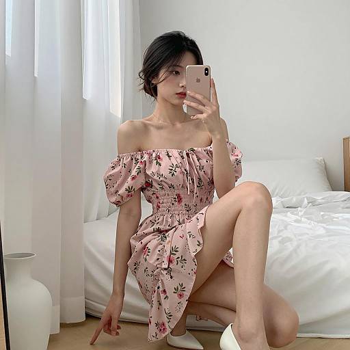 Young Woman in Pink Floral Dress Taking Mirror Selfie