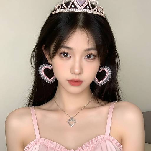 Photograph of an Asian woman with long black hair, wearing a silver tiara, heart-shaped diamond earrings, pink ruffle dress, and heart-shaped