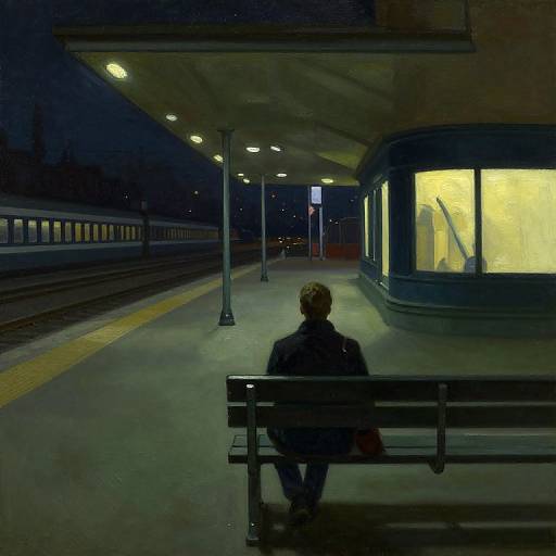 Nighttime photograph of a solitary person with short hair sitting on a bench at an empty, illuminated train station.
