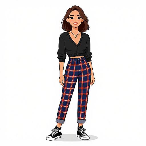 Digital illustration of a smiling young woman with brown hair, wearing a black cropped top, red-black plaid pants, and black sneakers.