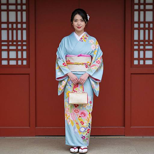 Japanese woman in light blue floral kimono, red obi, holding white envelope, standing before red wooden doors with lattice windows.