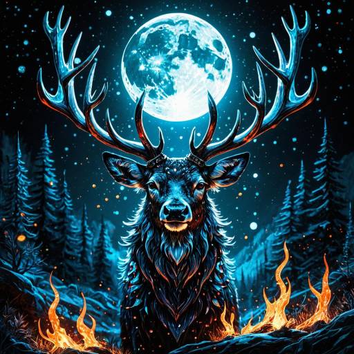 Moonlit Stag with Silver Antlers and Fire Wings
