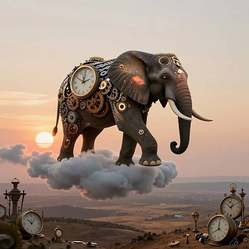 Fantastical digital artwork: A clockwork elephant with glowing eyes stands on a cloud at sunset, surrounded by clock faces in a rural landscape.