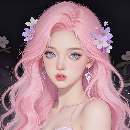 Digital anime-style portrait of a fair-skinned, blue-eyed girl with long, wavy pink hair adorned with purple flowers, wearing delicate diamond earrings,