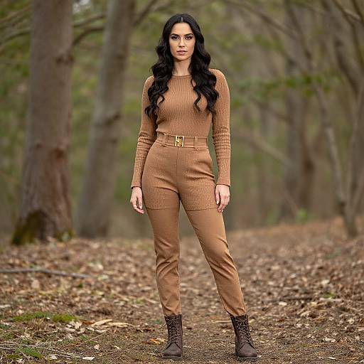 Photograph of a woman with long black hair, wearing a brown ribbed long-sleeve top and high-waisted brown pants with a belt