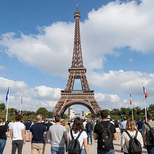 Crowd Facing Eiffel Tower with Flags