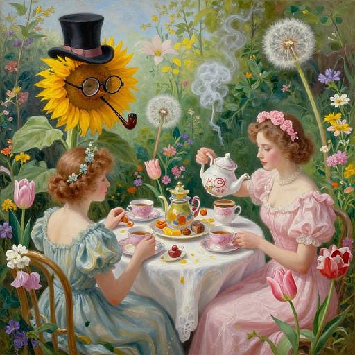 Whimsical painting: two Victorian women in pastel dresses, tea set, surrounded by colorful flowers, sitting with a sunflower wearing a top hat