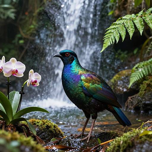 Iridescent Bird by Rainforest Waterfall