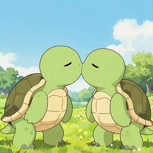 Two cute, green cartoon turtles with closed eyes and yellow bellies kiss under a bright blue sky with fluffy clouds and green trees in the background. Digital