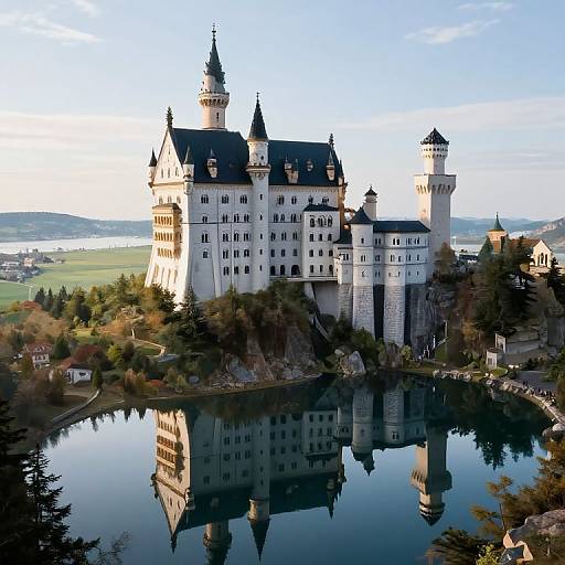 Photograph of a majestic, white, Gothic-style castle with multiple towers, reflected in a serene, circular lake under a clear blue sky.