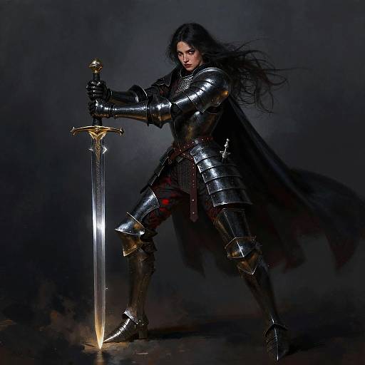 Digital illustration of a dark-haired knight in shiny black armor, gripping a glowing sword, standing in a dark, smoky background.