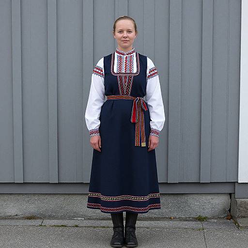 Photograph of a fair-skinned woman with brown hair in a bun, wearing a traditional black Polish dress with white sleeves, red embroidery, and a