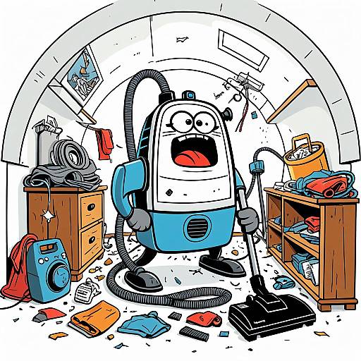 Cartoon Grumpy Vacuum Cleaner in Cluttered Attic