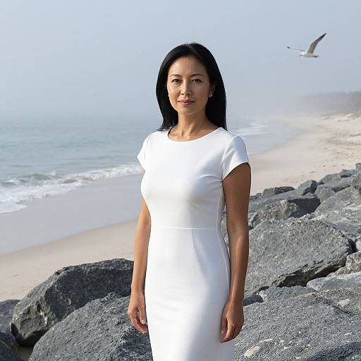 Photograph of a smiling, dark-haired woman in a white dress standing on rocky shore with beach and bird in background.