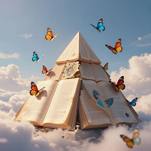 Photograph of an open, magical book pyramid with vibrant butterflies (blue, orange, and black) flying around it against a bright, cloudy sky.