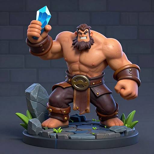 CGI cartoon-style barbarian with a muscular build, brown beard, and angry expression, holding a blue crystal sword, wearing brown leather armor, standing