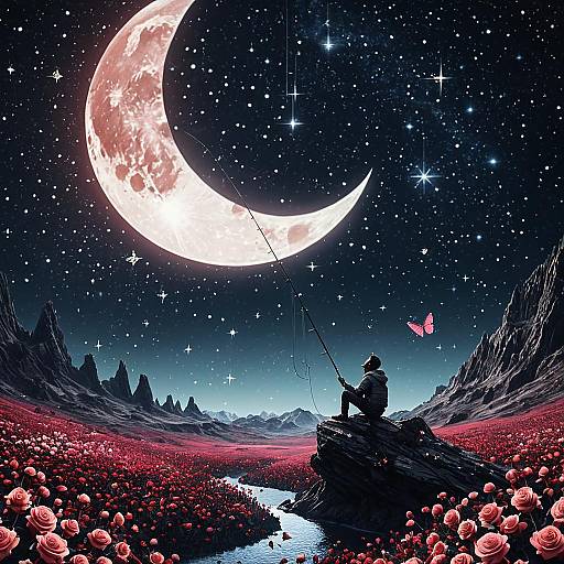 Crescent Moon Fishing for Stars