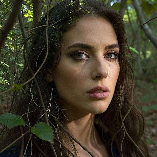 Photograph of a young woman with fair skin, dark brown hair, and green eyes, standing in a sunlit forest, surrounded by branches and leaves
