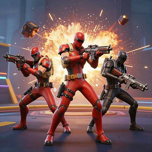 CGI image of four armed agents in red and black suits, standing in a dramatic, explosive pose on a futuristic floor.