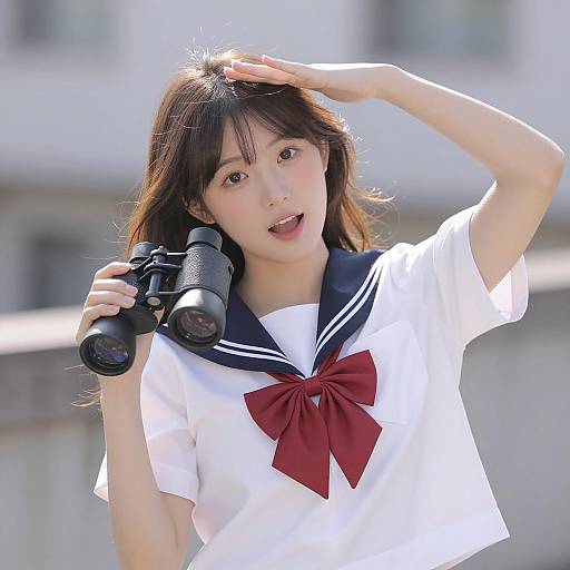 Asian Woman in Sailor Uniform with Binoculars