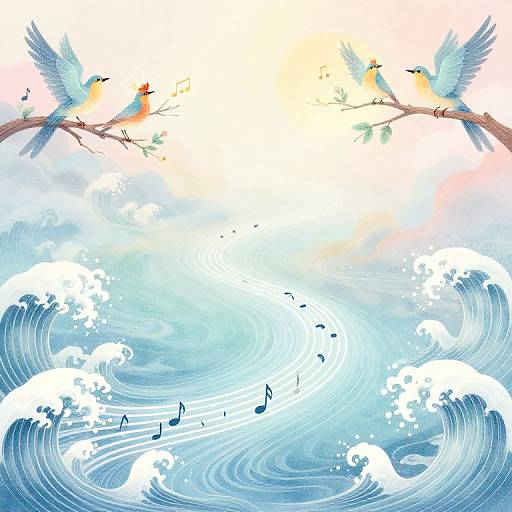Digital artwork of two blue birds with orange chests singing on tree branches above swirling blue ocean waves with musical notes.