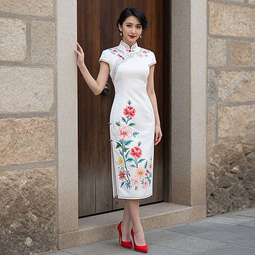 Photograph of an Asian woman in a white floral qipao dress with red flowers, red high heels, standing against a stone building with a wooden