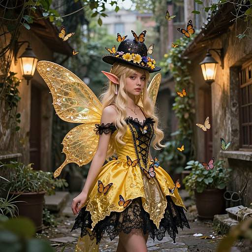 Photograph of a young, blonde, elf-like girl with golden wings, yellow and black lace dress, butterfly-adorned hat, standing in a